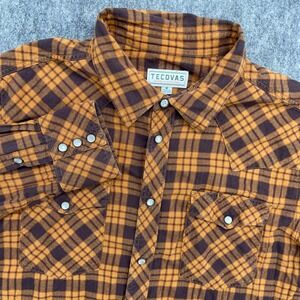 Tecovas Shirt Mens Medium Pearl Snap Western Brown Orange Plaid Flannel